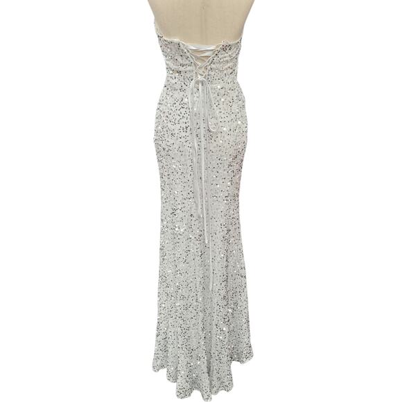 NWT White Silver Strapless Sequin Evening Gown with Corset Back on Velvet Fabric - Picture 6 of 14